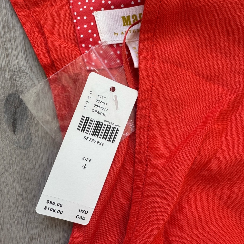 NWT MAEVE ANTHROPOLOGIE Coral Short Sleeve Linen Tie Front Crop Top Size 4 NWT - Picture 2 of 13